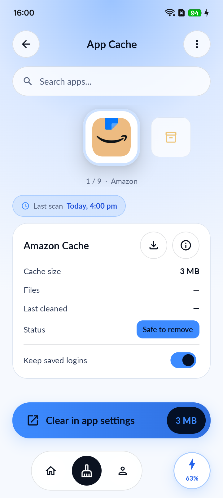 App cache screen